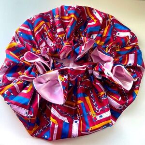 Luxury Reversible Satin Bonnet – Chain & Belt Print with Soft Pink Lining